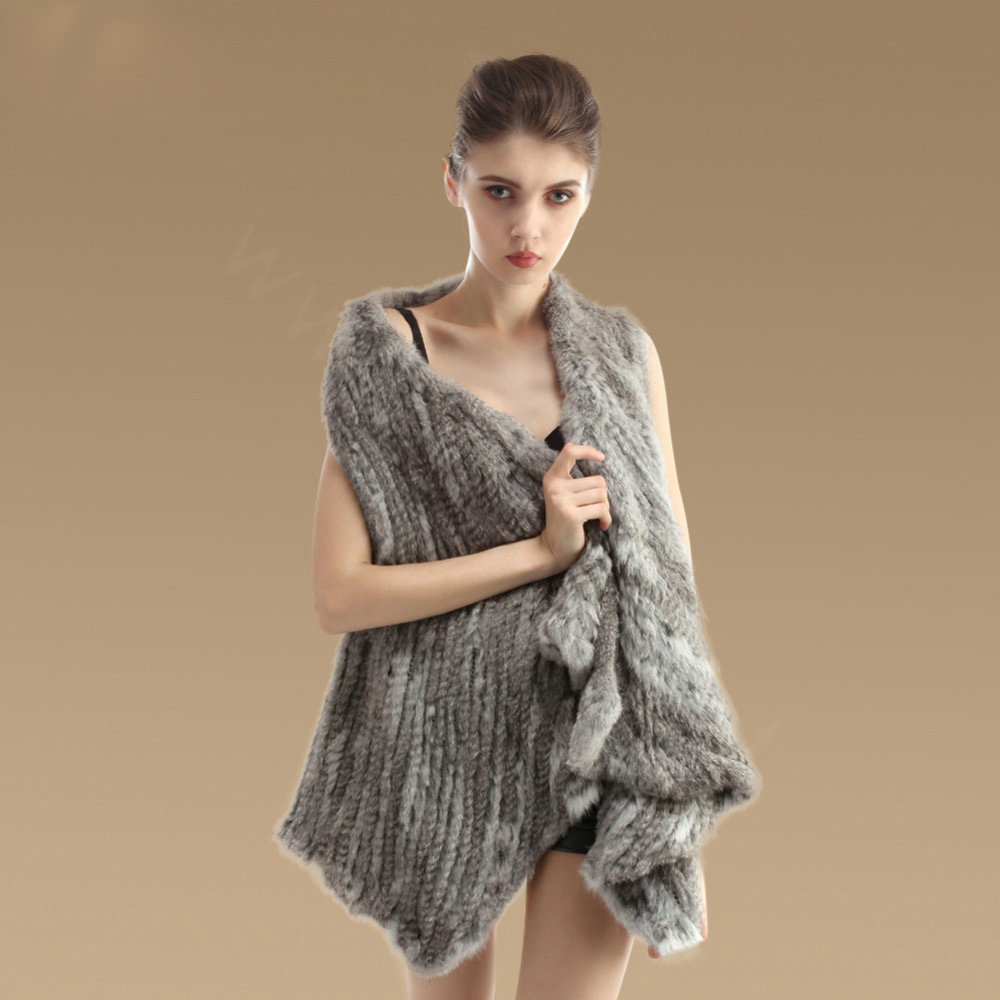 Hot sales Luxury Irregular Knitted Natural Rabbit Fur Vests Cape Women Fur Waistcoat - Natural Grey